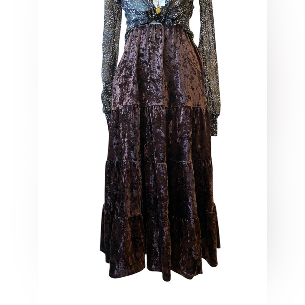 Chocolate Brown Velour Tiered Maxi Skirt Size L Petite Boho Dark Academia